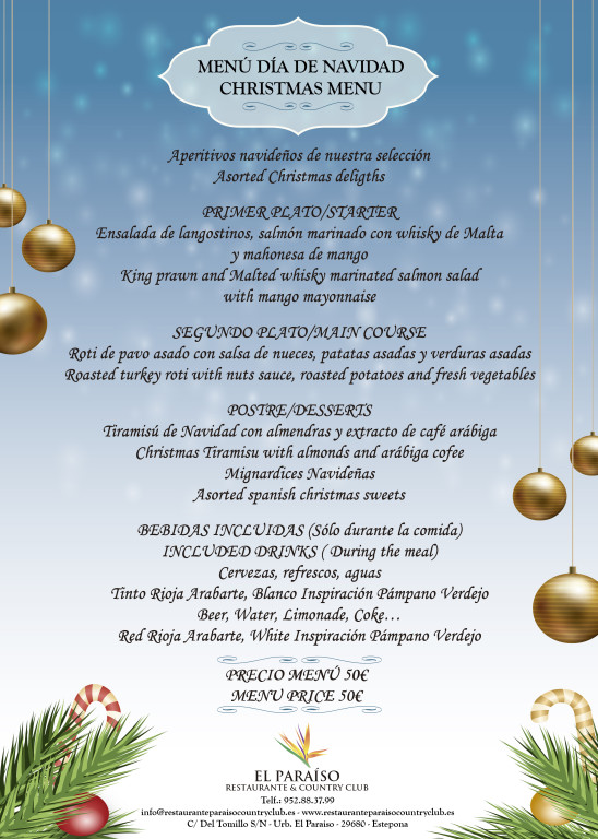 Menú Almuerzo Día de Navidad 2015 en El Paraíso Restaurante & Country Club.