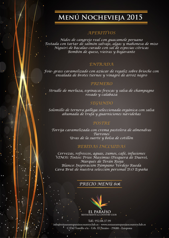 Menú Cena de Gala Fin de Año 2015 – NocheVieja en El Paraíso Restaurante